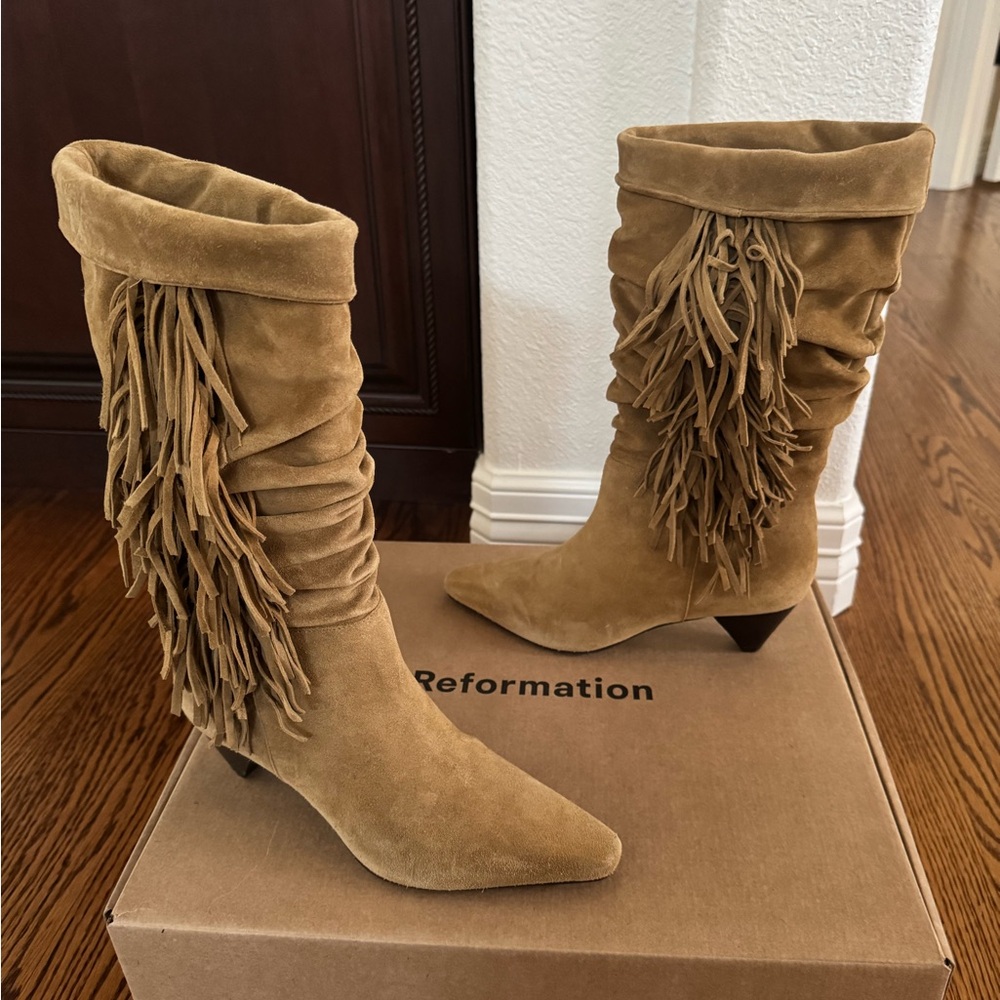Reformation Davina Suede Fringe Slouch Boots